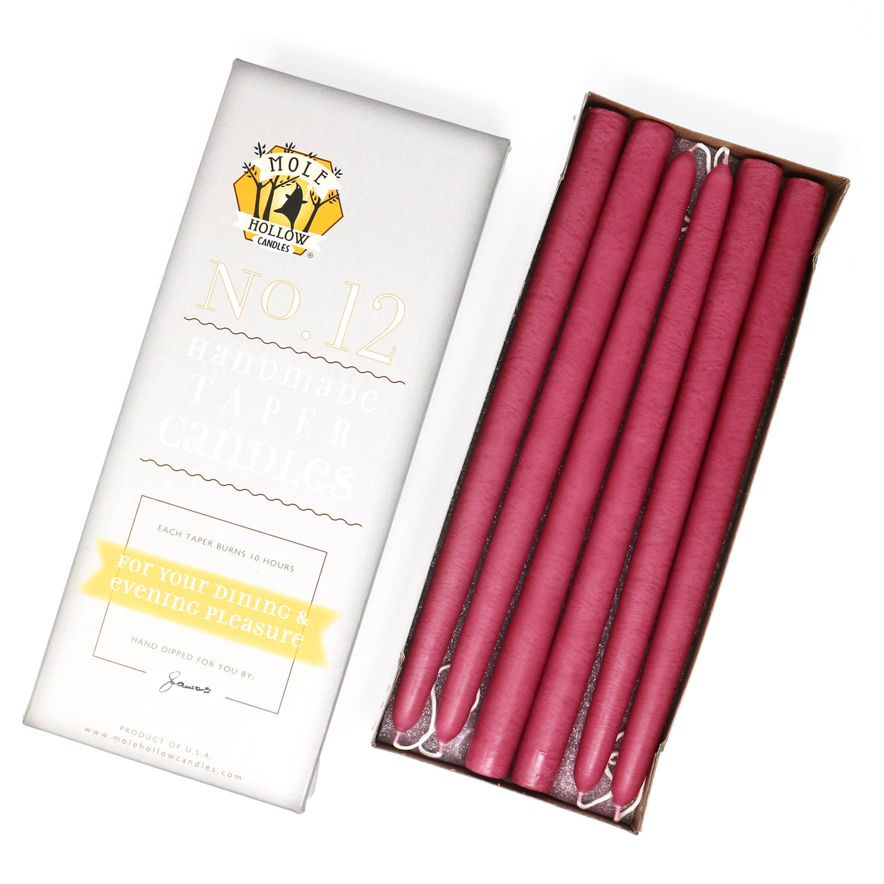 12" Hand Dipped Unscented Taper Candles - 39 Colors USA Made: Colonial Pink