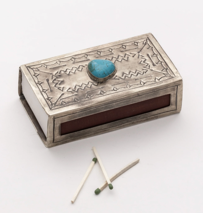 Large Stamped Silver Matchbox Cover w/ Turquoise