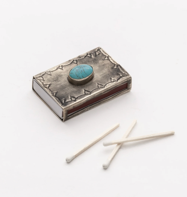 Small Stamped Silver Matchbox Cover w/ Turquoise